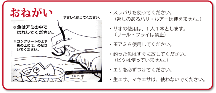 八王子のつり堀　森屋荘　釣りのお願い　返しのあるハリ、ルアーは使えません。